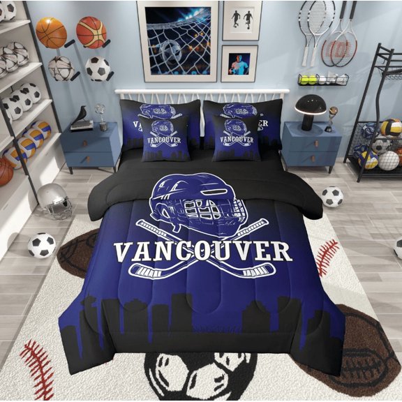 jejeloiu Vancouver Twin Bedding Sets,7-Piece,Ice Hockey Sport Bedding Comforter Set,Blue White Sheet Sets For Boys Kids,Lightweight Room Decorative Reversible