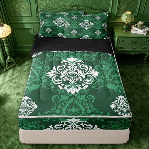 jejeloiu Vibrant Damask Zipper Full Size Comforter Sets with Fitted Sheet and 2 Pillowcases For Girls,Classic Pattern Zipper Bedding Set,Green White,Black Reversible,4-Piece