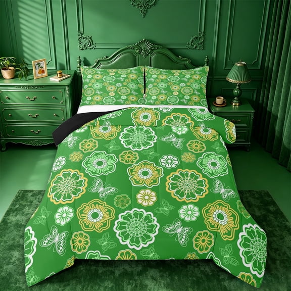 jejeloiu Vibrant Floral Queen Comforter Set For Men Women,Botanical Pattern Comforter Sets Queen,Green Yellow,Black Reversible,3 Pieces,1 Comforter and 2 Pillowcases