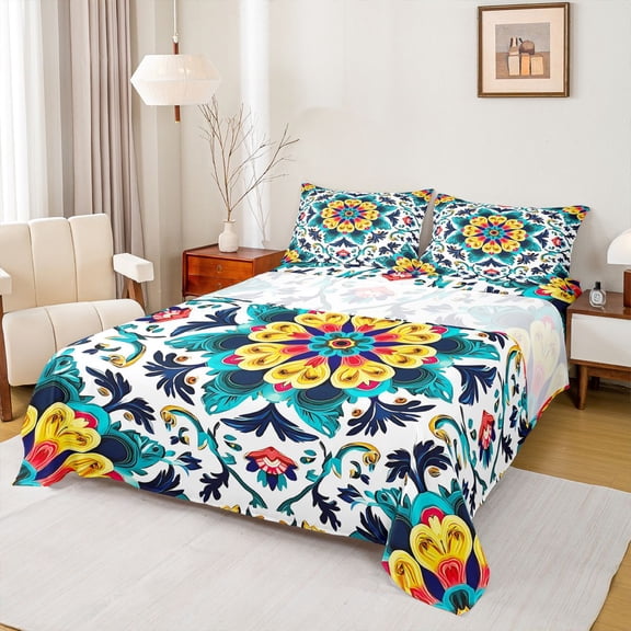 jejeloiu Vibrant Floral Queen Sheets For Men Women,Colorful Mandala Queen Sheet Sets,Multicolor White,4 Pieces,1 Flat Sheet, 1 Fitted Sheet and 2 Pillowcases