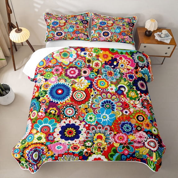jejeloiu Vibrant Floral Quilt King For Men Women,Multicolor Pattern King Coverlet Set,Rainbow,3 Pieces