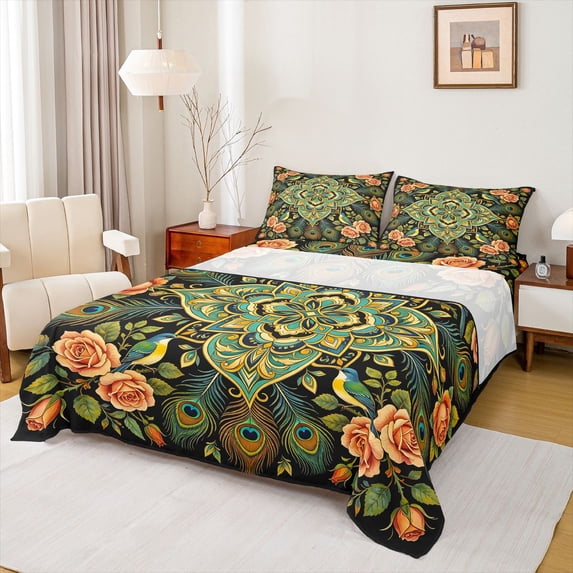 jejeloiu Vibrant Mandala King Sheets For Men Women,Peacock Pattern Bedding,Multi Black,4 Pieces,1 Flat Sheet, 1 Fitted Sheet and 2 Pillowcases