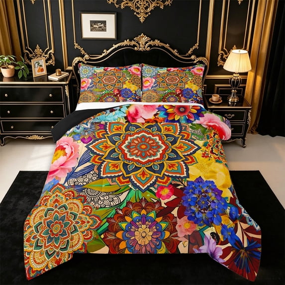 jejeloiu Vibrant Mandala Queen Comforter Set For Men Women,Bohemian Pattern Comforter Sets Queen,Multi Color,Black Reversible,3pcs,1 Comforter and 2 Pillowcases