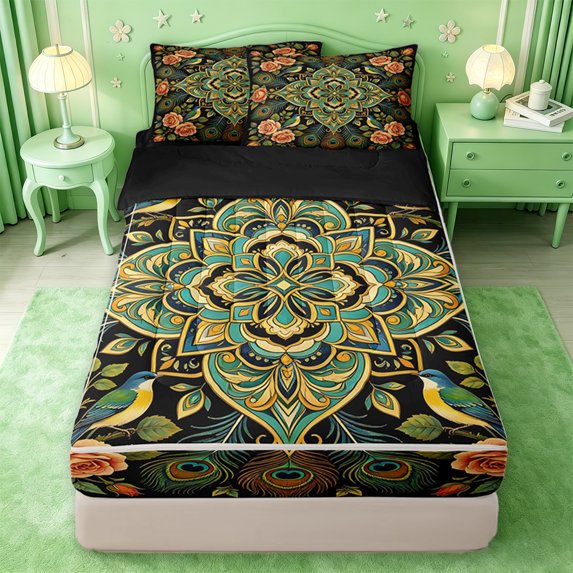 jejeloiu Vibrant Mandala Zipper Twin Comforter Sets with Fitted Sheet and 2 Pillowcases For Men Women,Peacock Pattern Zipper Bedding Set,Multi Black,Black Reversible,4-Piece