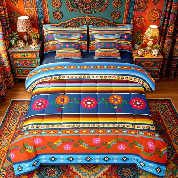 jejeloiu Vibrant Mexican 7pcs Queen Bedding For Men Women,Floral Pattern Bedding Comforter Set Queen,Orange Blue,Navy Blue Reversible