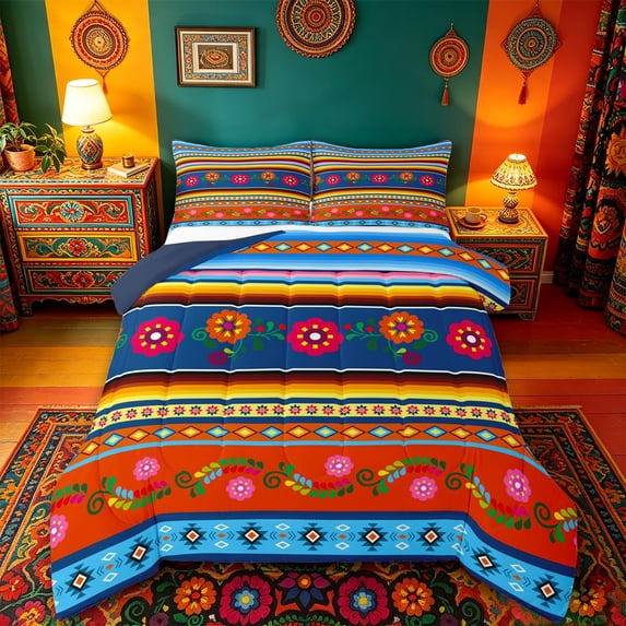 jejeloiu Vibrant Mexican Queen Comforter Set For Men Women,Floral Pattern Comforter Sets Queen,Orange Blue,Navy Blue Reversible,3-Piece,1 Comforter and 2 Pillowcases