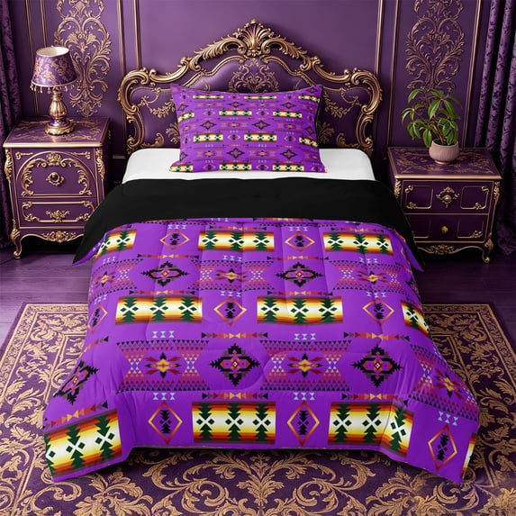 jejeloiu Vibrant Tribal Twin Comforter Sets For Girls,Bohemian Print Bedding Set,Purple Multicolor,Black Reversible,2-Piece,1 Comforter and 1 Pillowcase