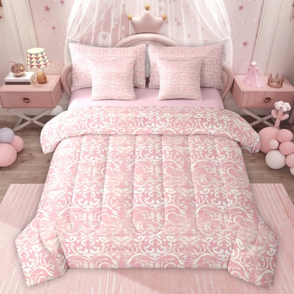 jejeloiu Victorian Baroque Damask 7 Pieces Bedding Comforter Set,Boho Bohemian Floral Full Bedding Set,Pink Vintage Flowers Fitted Sheet Flat Sheet For Girls Kids,Super Cozy Room Decor Reversible
