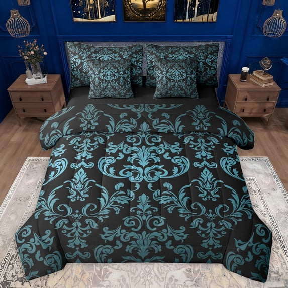 jejeloiu Victorian Baroque Damask 7pcs Bedding Comforter Set,Boho Bohemain Floral Queen Bedding Sets,Blue Vintage Flowers Queen Sheet Sets For Girls Kids,Super Cozy Room Decor Reversible