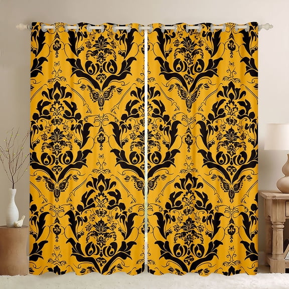 jejeloiu Victorian Baroque Damask Black Out Curtains,Boho Bohemian Floral Curtains Pack of 2 (42x63 Each),Orange Vintage Flowers Bedroom Curtains For Girls Kids,Super Cozy Room Decor