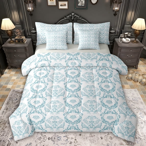 jejeloiu Victorian Baroque Floral 7-Piece Twin Bedding Sets,Blue Vintage Damask Bedding Comforter Set For Girls Boys Reversible