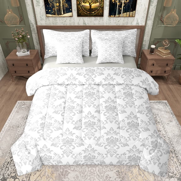 jejeloiu Victorian Baroque Flowers 7pcs Bedding Comforter Set,Retro Damask Floral Queen Bedding Sets,Gray White Queen Sheet Sets For Girls Boys,Uper Cozy Room Decor Reversible