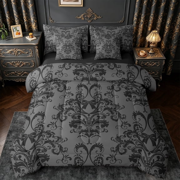 jejeloiu Victorian Baroque Print 7pcs Bedding Comforter Set,Retro Damask Floral Queen Bedding Sets,Black Bow Tie Queen Sheet Sets For Girls Boys,Uper Cozy Room Decor Reversible