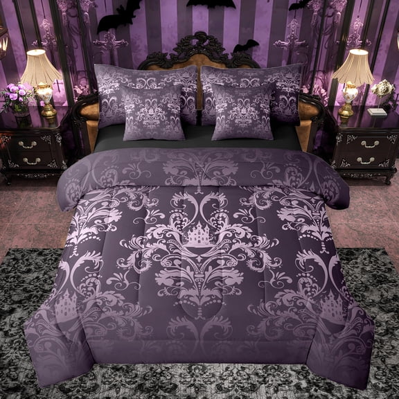 jejeloiu Victorian Baroque Print 7pcs Bedding Comforter Set,Retro Damask Floral Queen Bedding Sets,Fairy Tale Princess Castle Queen Sheet Sets For Girls Boys,Uper Cozy Room Decor Reversible