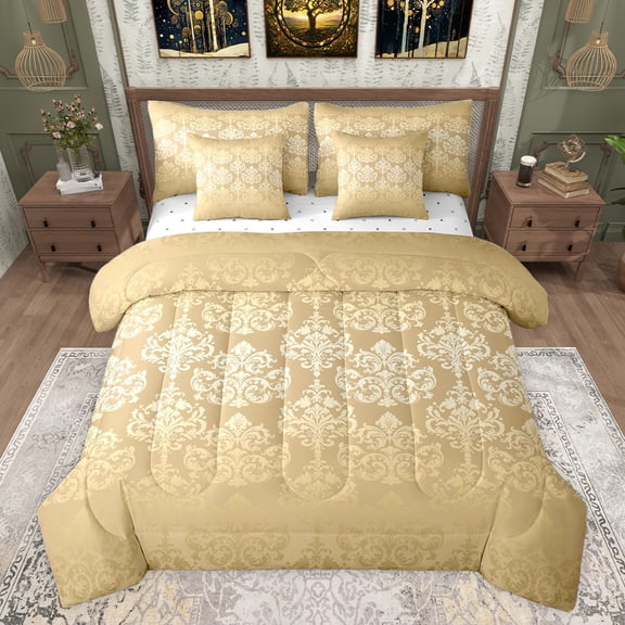 jejeloiu Victorian Baroque Print 7pcs Bedding Comforter Set,Retro Damask Floral Queen Bedding Sets,Orange Bohemian Flowers Queen Sheet Sets For Girls Boys,Uper Cozy Room Decor Reversible