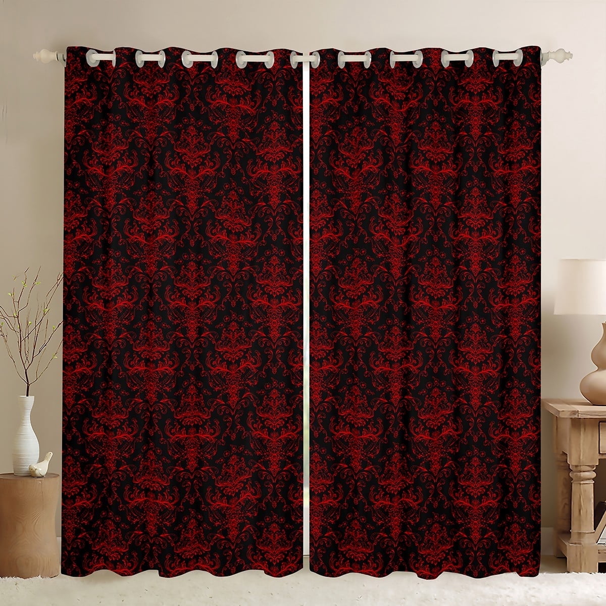jejeloiu Victorian Damask Blackout Curtains Set of 2 (52x84 Each),Vintage Gothic Floral Window Curtains,Red Black Curtains and Drapes For Adult,Lightweight Room Decorative