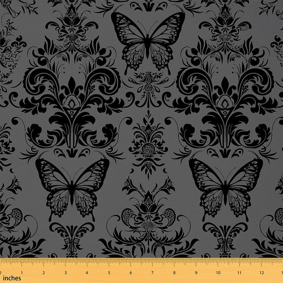 jejeloiu Victorian Flower Fabric by the Yard 1 Yard,Gray Butterfly Home Decor Fabric by the Yard,Vintage Gothic Floral Sewing Fabric For Men Women,,Lightweight Room Decorative