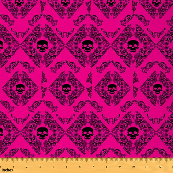 jejeloiu Victorian Flower Fabric by the Yard 1 Yard,Vintage Gothic Skeleton Home Decor Fabric by the Yard,Hotpink Black Sewing Fabric For Teens,Lightweight Room Decorative