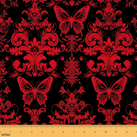 jejeloiu Victorian Flower Fabric by the Yard 2 Yards,Red Butterflies Room Decor Fabric by the Yard,Vintage Gothic Floral Fabric for Sewing For Men Women,,Lightweight Room Decorative