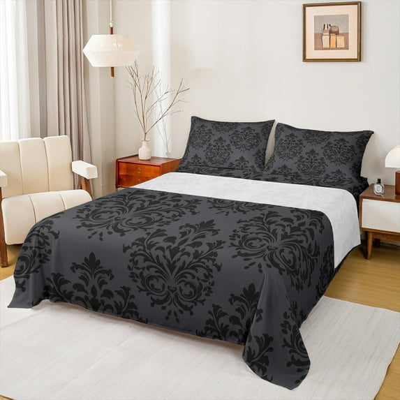 jejeloiu Victorian Flower Full Size Sheets,Vintage Damask Theme Bed Sheets,Black Gray Sheet Sets For Men Women,Lightweight Room Decorative,4pcs