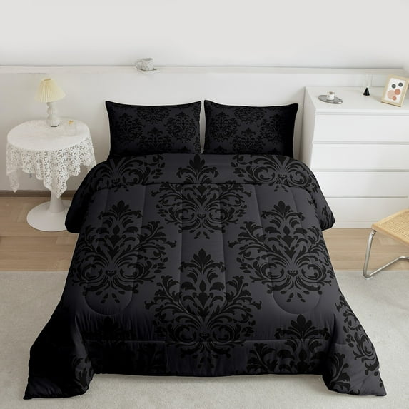jejeloiu Victorian Flower Queen Comforter Set,Vintage Damask Theme Bedding Sets,Black Gray Bedding Comforter Set For Men Women,Lightweight Room Decorative Reversible,3-Piece