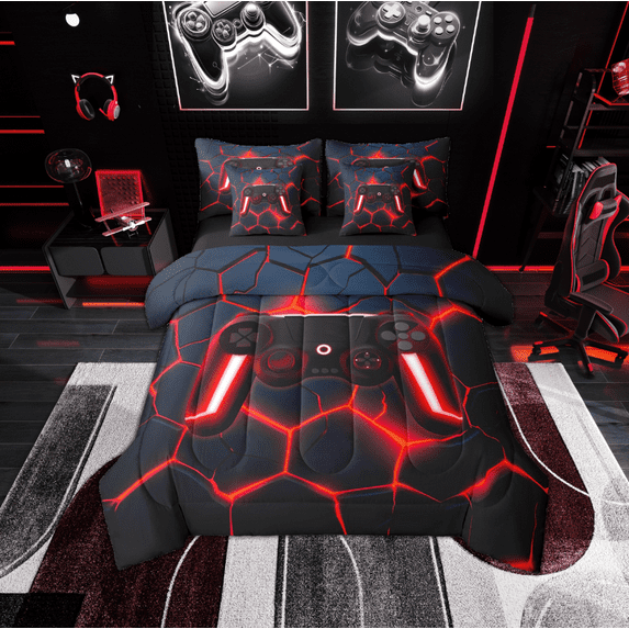 jejeloiu Video Game Bedding Comforter Set 7-Piece,Game Gaming King Bedding Sets,Red Geometric Geometric Bed Sheets For Teens,Super Cozy Bedroom Decoration Reversible