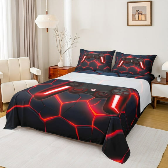 jejeloiu Video Game Full Size Sheets,Game Gaming Bed Sheets,Red Geometric Geometric Sheet Sets For Teens,Super Cozy Bedroom Decoration,4-Piece