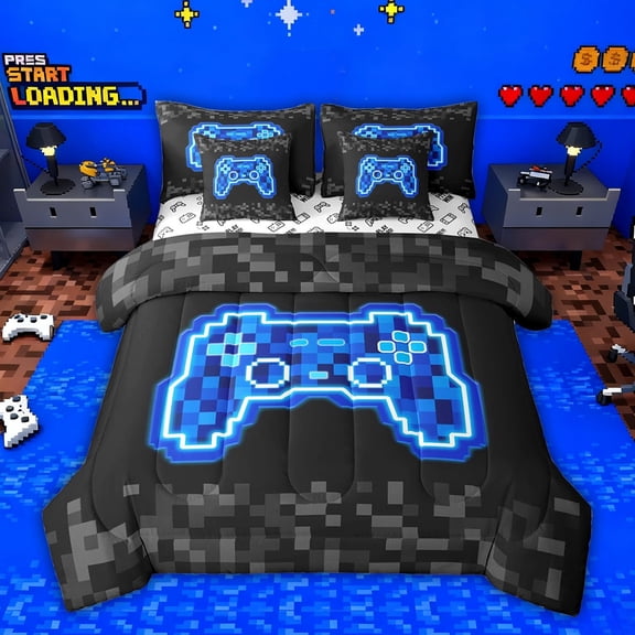 jejeloiu Video Gamer Gaming 7-Piece Twin Bedding Sets,Modern Geometric Checkered Bedding Comforter Set For Kids Reversible
