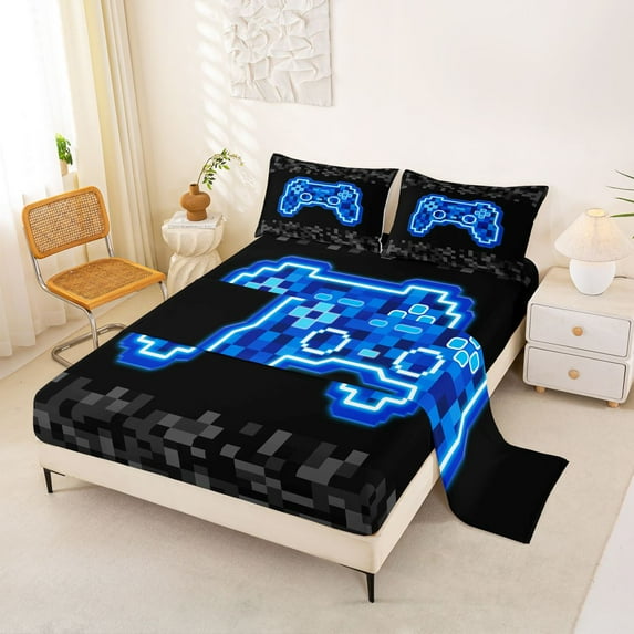 jejeloiu Video Gamer Gaming Full Size Sheets,Modern Geometric Checkered Bed Sheets For Kids 4pcs