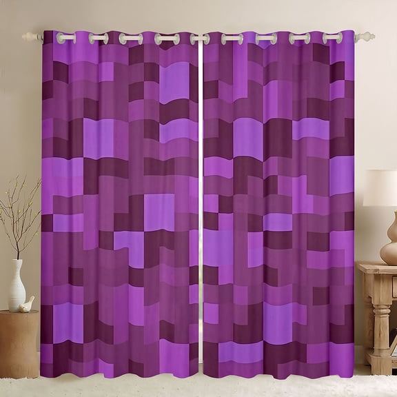 jejeloiu Video Miners Games Black Out Curtains,Purple Pixelated Check Curtains Pack of 2 (42x63 Each),Cartoon Gamepad Gaming Bedroom Curtains For Boys Teens,Ultra Soft Home Decor