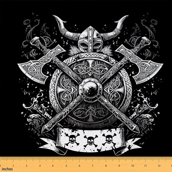 jejeloiu Viking Helmet Fabric by the Yard 3 Yards,Battle Axe Shield Sewing Fabric,Gothic Skull Fabric for Sewing For Boys,Luxury Bedroom Decor