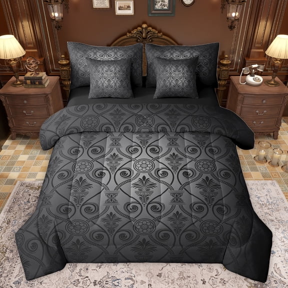 jejeloiu Vinatge Baroque Floral 7-Piece Bedding Comforter Set,Boho Bohemian Theme King Bedding Sets,Black Damsk Print Bed Sheets For Men Women,Ultra Soft Home Decor Reversible