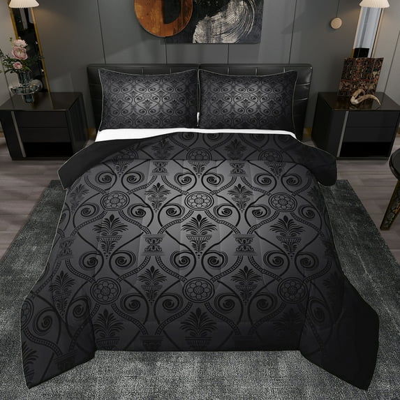 jejeloiu Vinatge Baroque Floral Queen Comforter Set,Boho Bohemian Theme Bedding Sets,Black Damsk Print Bedding Comforter Set For Men Women,Ultra Soft Home Decor Reversible,3pcs