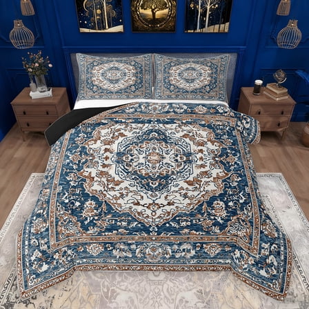jejeloiu Vinatge Floral Bedding Comforter Set,Boho Bohemian Theme Twin Comforter Sets,Deepblue Brown Bedding Set For Men Women,Ultra Soft Home Decor Reversible,2pcs