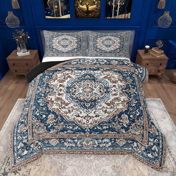 jejeloiu Vinatge Floral Bedding Comforter Set,Boho Bohemian Theme Twin Comforter Sets,Deepblue Brown Bedding Set For Men Women,Ultra Soft Home Decor Reversible,2pcs