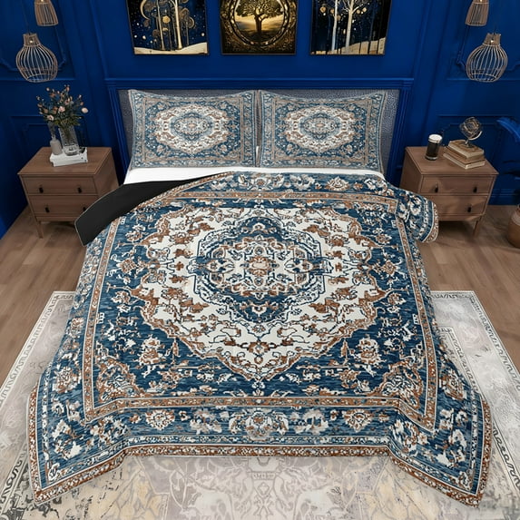 jejeloiu Vinatge Floral Bedding Comforter Set,Boho Bohemian Theme Twin Comforter Sets,Deepblue Brown Bedding Set For Men Women,Ultra Soft Home Decor Reversible,2pcs