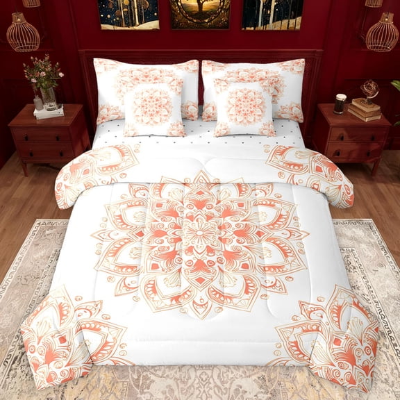 jejeloiu Vinatge Floral Flower 7pcs Bedding Comforter Set,Boho Bohemian Theme Queen Bedding Sets,White Orange Queen Sheet Sets For Men Women,Ultra Soft Home Decor Reversible