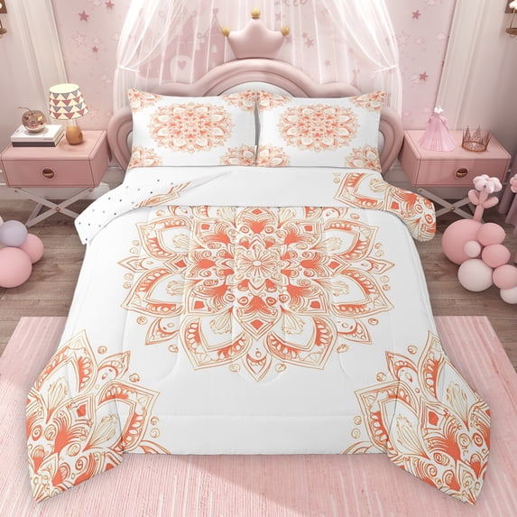 jejeloiu Vinatge Floral Flower Bedding Comforter Set,Boho Bohemian Theme Twin Comforter Sets,White Orange Bedding Set For Men Women,Ultra Soft Home Decor Reversible,2-Piece
