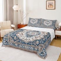 jejeloiu Vinatge Floral Twin Sheet Sets,Boho Bohemian Theme Twin Fitted Sheet,Deepblue Brown Flat Sheet For Men Women,Ultra Soft Home Decor,3pcs