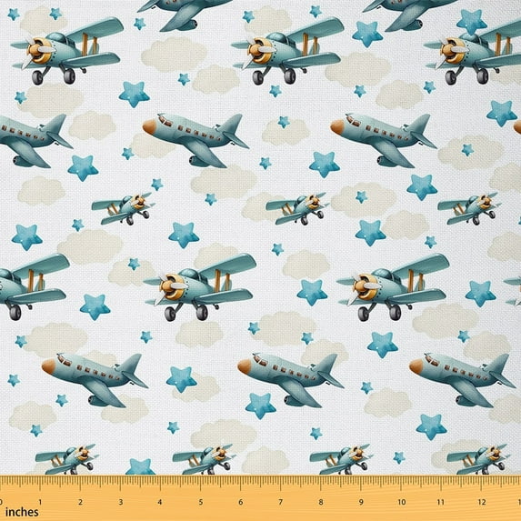 jejeloiu Vintage Aircraft Fabric by the Yard 1 Yard,Blue Sirplane Stars Home Decor Fabric by the Yard,Childlike Innocence Theme Sewing Fabric For Girls Boys,Microfiber Bedroom Decor
