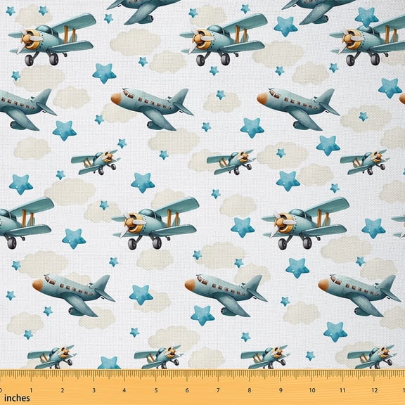 jejeloiu Vintage Aircraft Fabric by the Yard 1 Yard,Blue Sirplane Stars Home Decor Fabric by the Yard,Childlike Innocence Theme Sewing Fabric For Girls Boys,Microfiber Bedroom Decor
