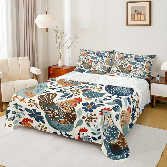 jejeloiu Vintage Animal Chicken Twin Sheet Sets,Boho Bohemain Flower Twin Fitted Sheet,Retro Floral Leaves Flat Sheet For Adult,Microfiber Bedroom Decor,3pcs