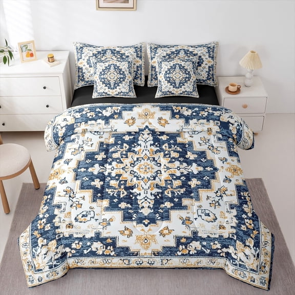 jejeloiu Vintage Antique Damask Bedding Comforter Set 7-Piece,Boho Mandala Floral King Bedding Sets,Blue Gold Bed Sheets For Boys Girls,Microfiber Bedroom Decor Reversible