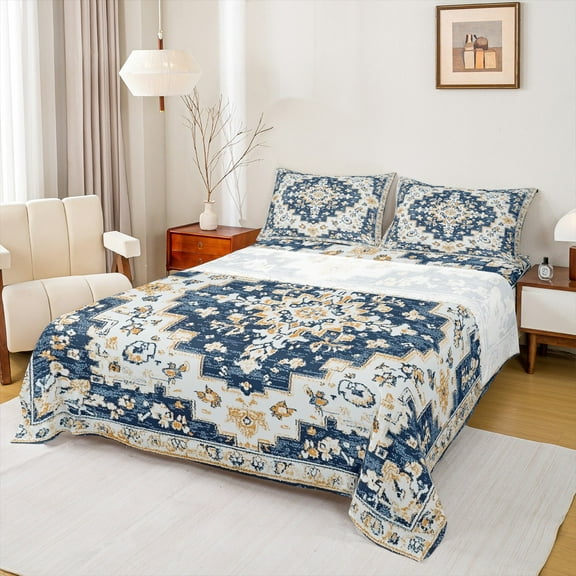 jejeloiu Vintage Antique Damask Full Size Sheets,Boho Mandala Floral Bed Sheets,Blue Gold Sheet Sets For Boys Girls,Microfiber Bedroom Decor,4 Pieces