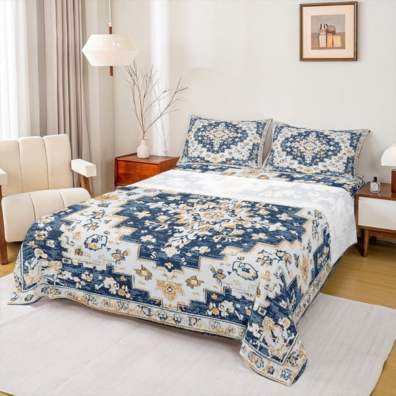 jejeloiu Vintage Antique Damask Full Size Sheets,Boho Mandala Floral Bed Sheets,Blue Gold Sheet Sets For Boys Girls,Microfiber Bedroom Decor,4 Pieces
