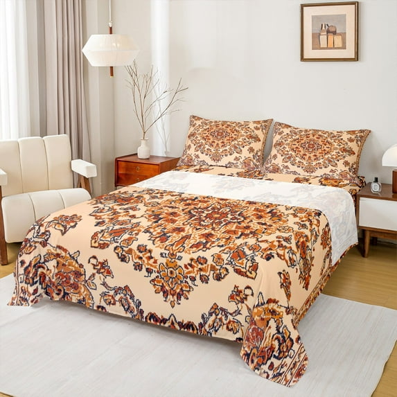 jejeloiu Vintage Antique Damask Full Size Sheets,Boho Mandala Floral Bed Sheets,Orange Flower Sheet Sets For Boys Girls,Microfiber Bedroom Decor,4-Piece