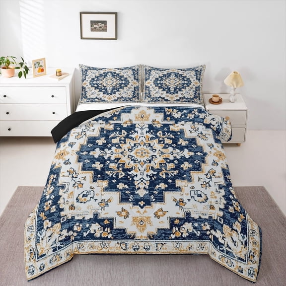 jejeloiu Vintage Antique Damask Queen Comforter Set,Boho Mandala Floral Bedding Sets,Blue Gold Bedding Comforter Set For Boys Girls,Microfiber Bedroom Decor Reversible,3pcs