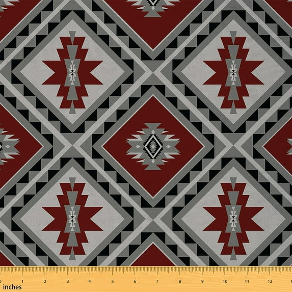 jejeloiu Vintage Aztec Fabric by the Yard 1 Yard,Boho Geometric Pattern Home Decor Fabric by the Yard,Red Gray Geometric Sewing Fabric,Ultra Soft Home Decor