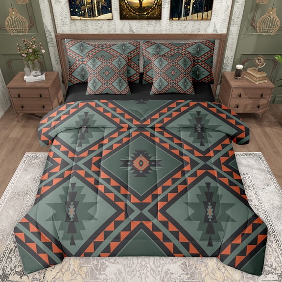 jejeloiu Vintage Aztec Geometric 7-Piece Bedding Comforter Set,Boho Bohemian Style King Bedding Sets,Green Orange Bed Sheets For Adult,Breathable Home Decor Reversible