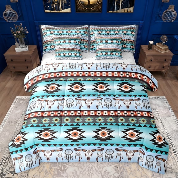 jejeloiu Vintage Aztec Geometric 7-Piece Bedding Comforter Set,Rustic Bull Skull King Bedding Sets,Ancient Dreamcatcher Bed Sheets For Adult,Breathable Home Decor Reversible